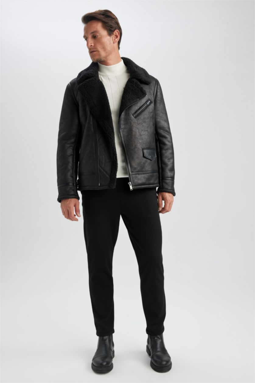 MAN Black Slim Fit Plush Lining Faux Leather Jacket