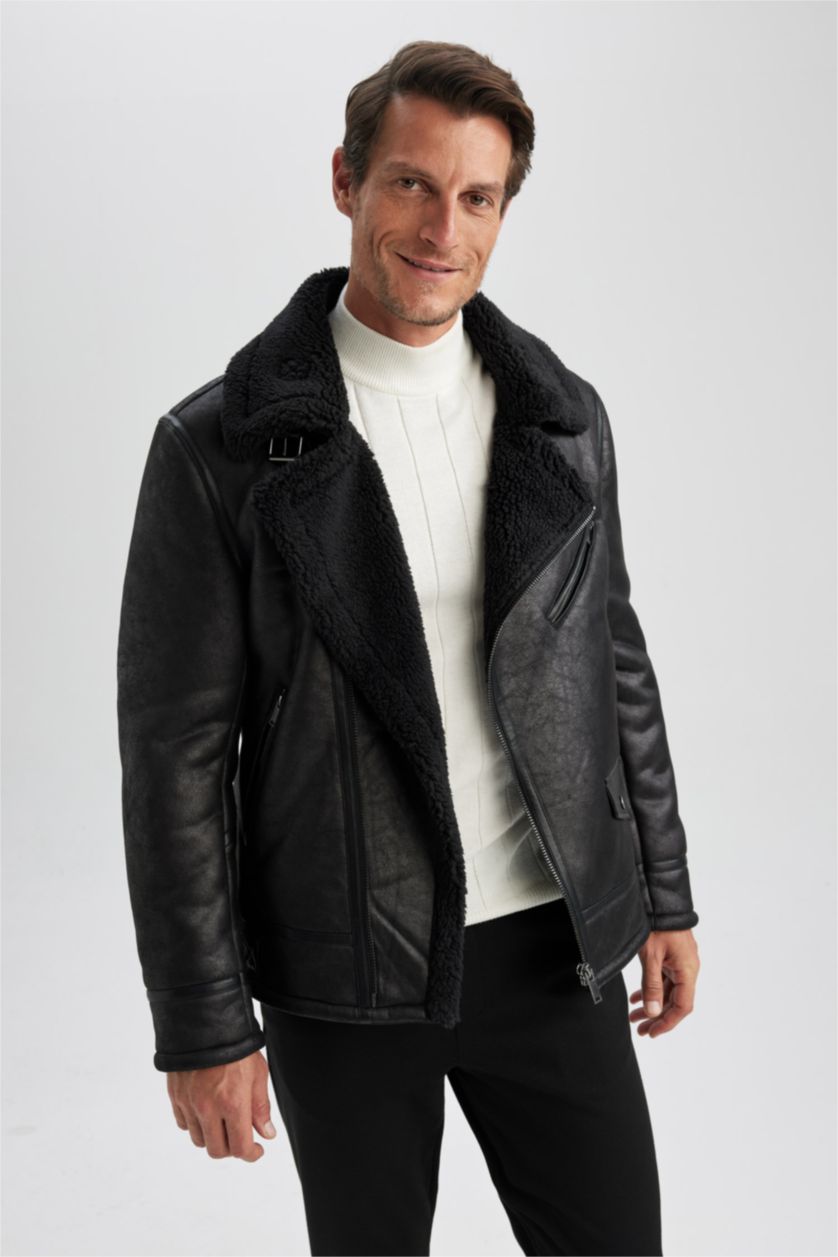 MAN Black Slim Fit Plush Lining Faux Leather Jacket
