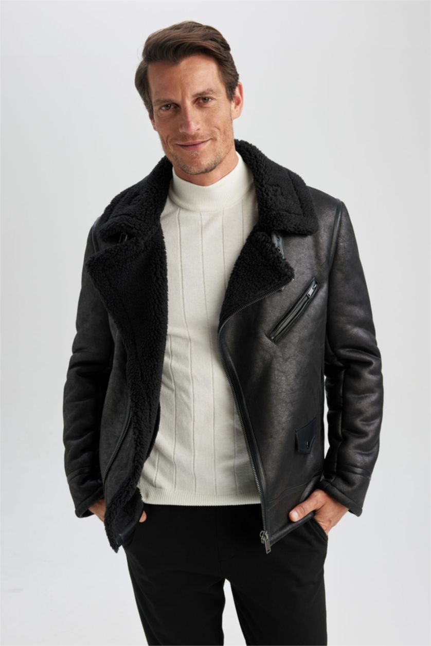 MAN Black Slim Fit Plush Lining Faux Leather Jacket