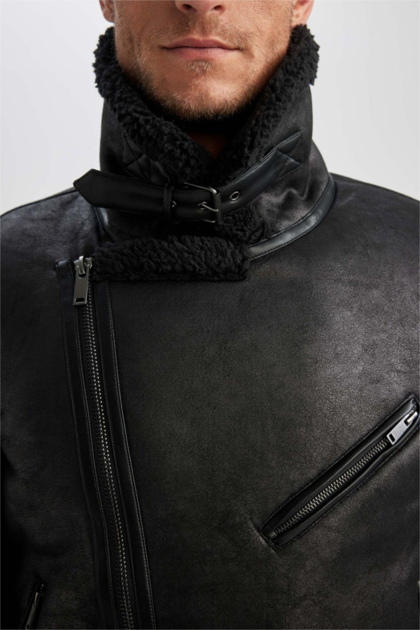 MAN Black Slim Fit Plush Lining Faux Leather Jacket