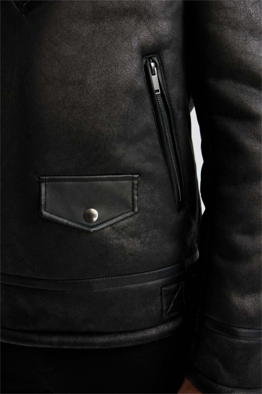 MAN Black Slim Fit Plush Lining Faux Leather Jacket