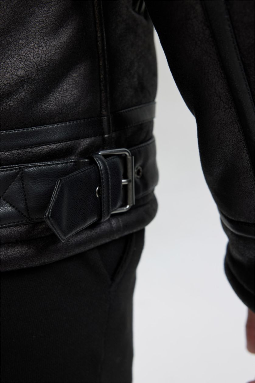 MAN Black Slim Fit Plush Lining Faux Leather Jacket