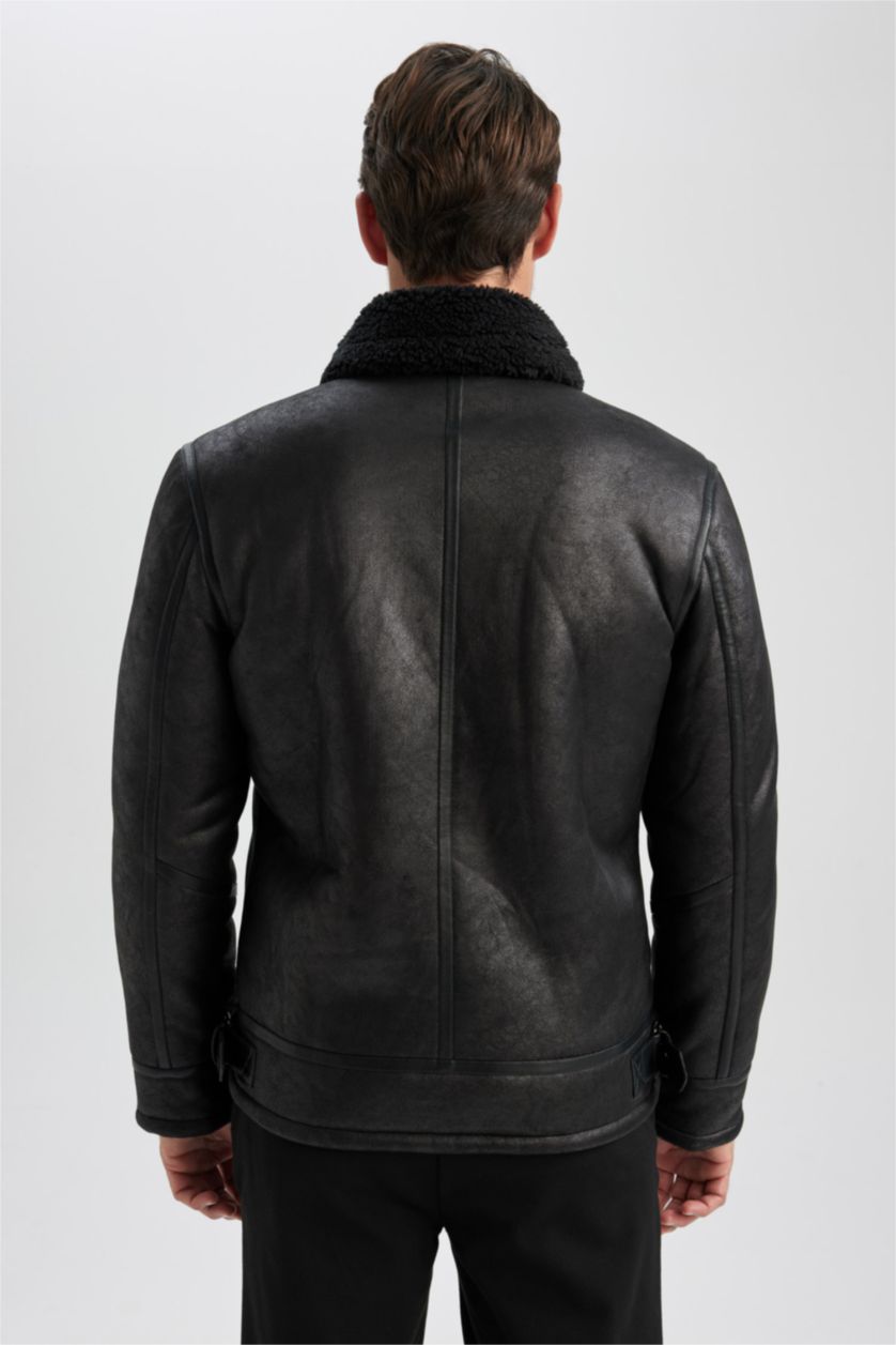 MAN Black Slim Fit Plush Lining Faux Leather Jacket