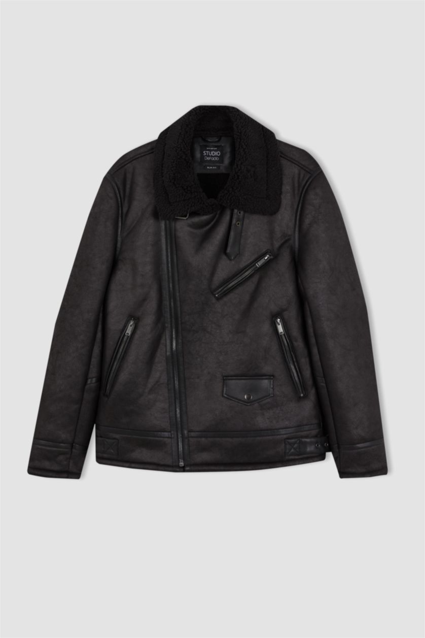 MAN Black Slim Fit Plush Lining Faux Leather Jacket
