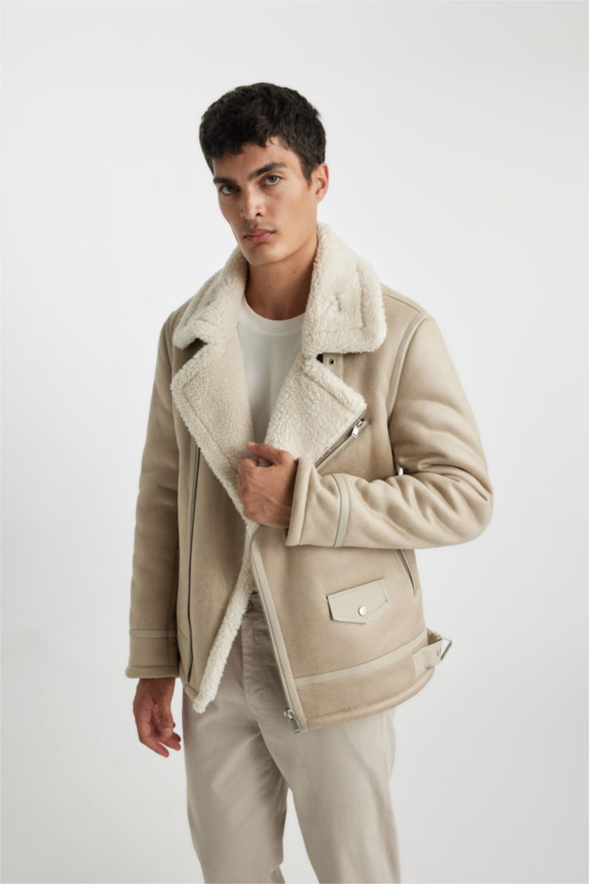 MAN White Slim Fit Plush Lining Faux Leather Jacket