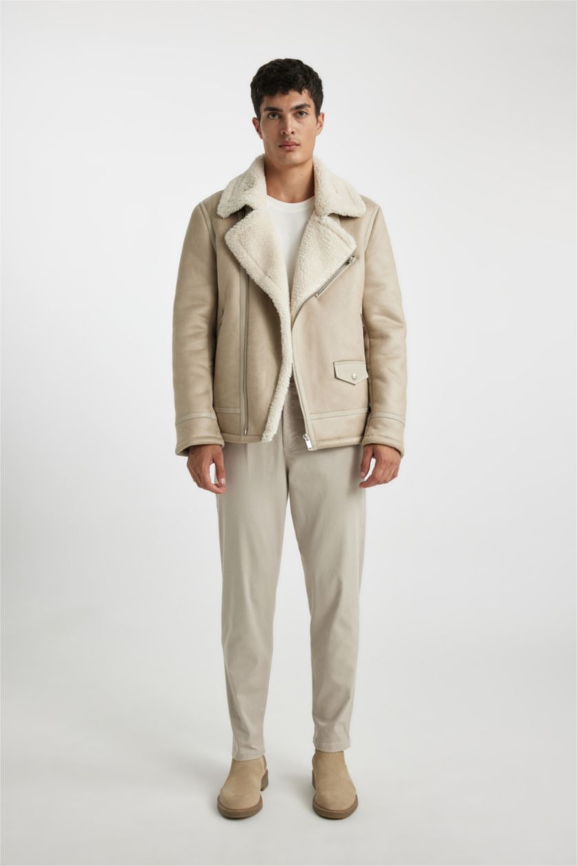 MAN White Slim Fit Plush Lining Faux Leather Jacket