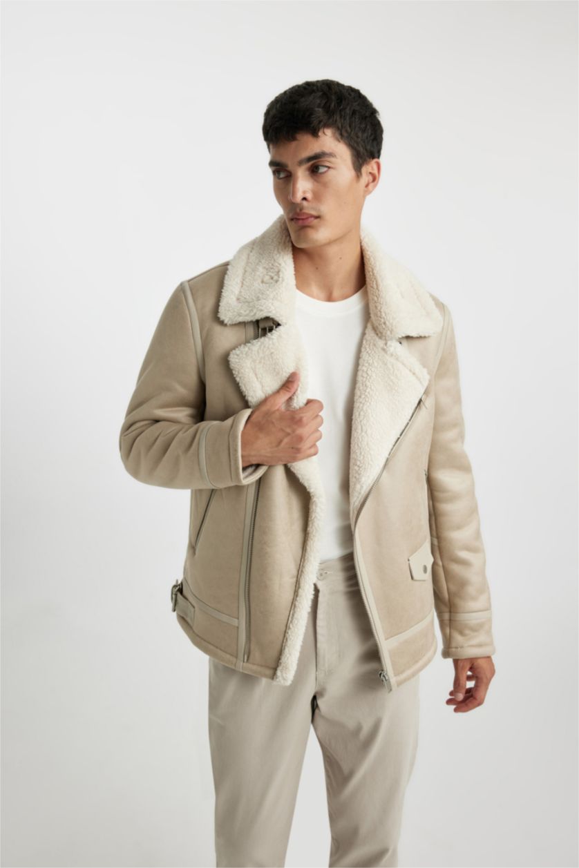 MAN White Slim Fit Plush Lining Faux Leather Jacket