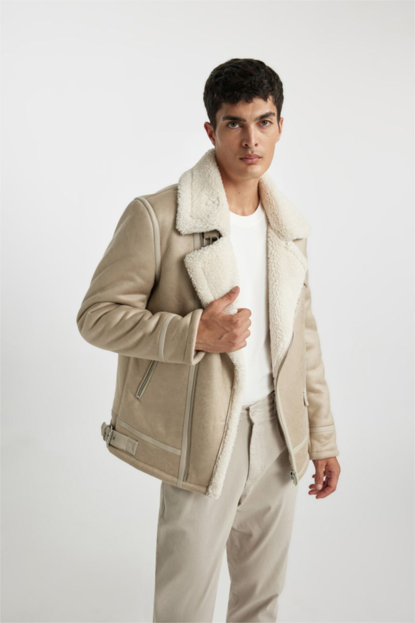 MAN White Slim Fit Plush Lining Faux Leather Jacket