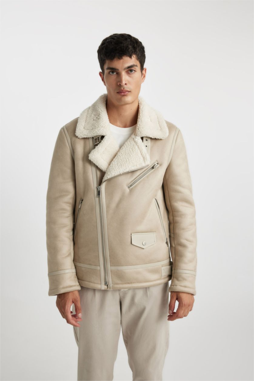 MAN White Slim Fit Plush Lining Faux Leather Jacket