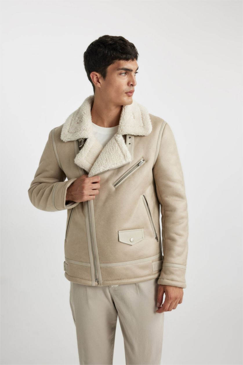 MAN White Slim Fit Plush Lining Faux Leather Jacket