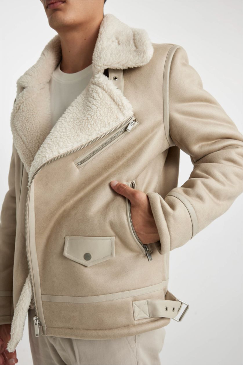 MAN White Slim Fit Plush Lining Faux Leather Jacket