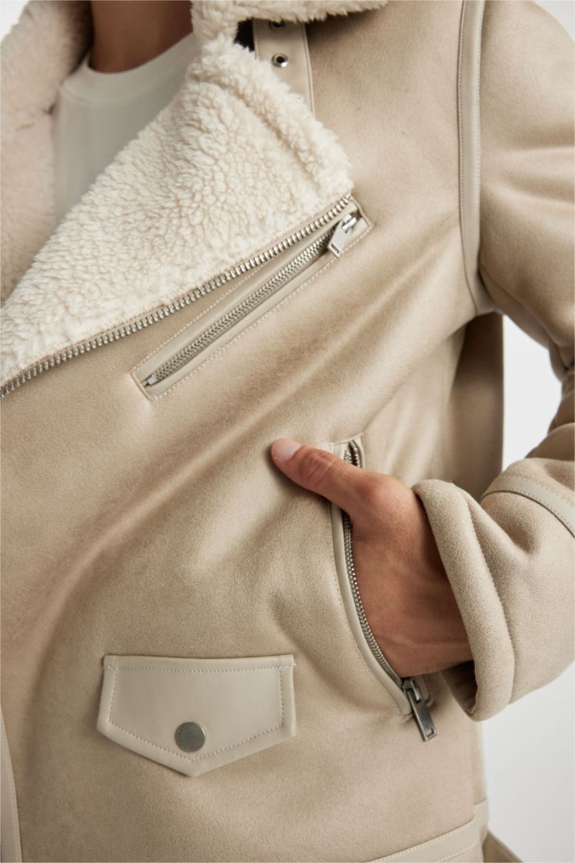 MAN White Slim Fit Plush Lining Faux Leather Jacket