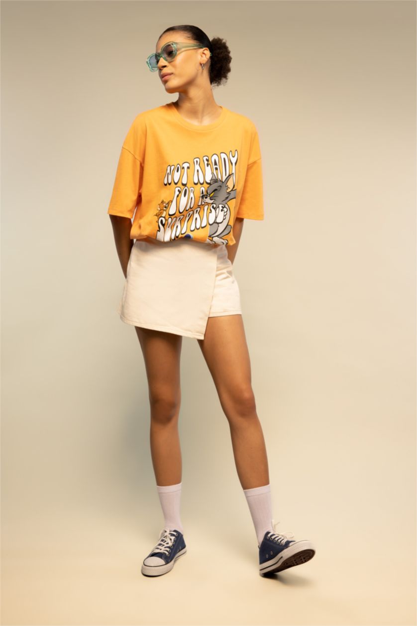 حريمي برتقالي تي شيرت قطن مطبوع اوفر سايز من توم وجيري