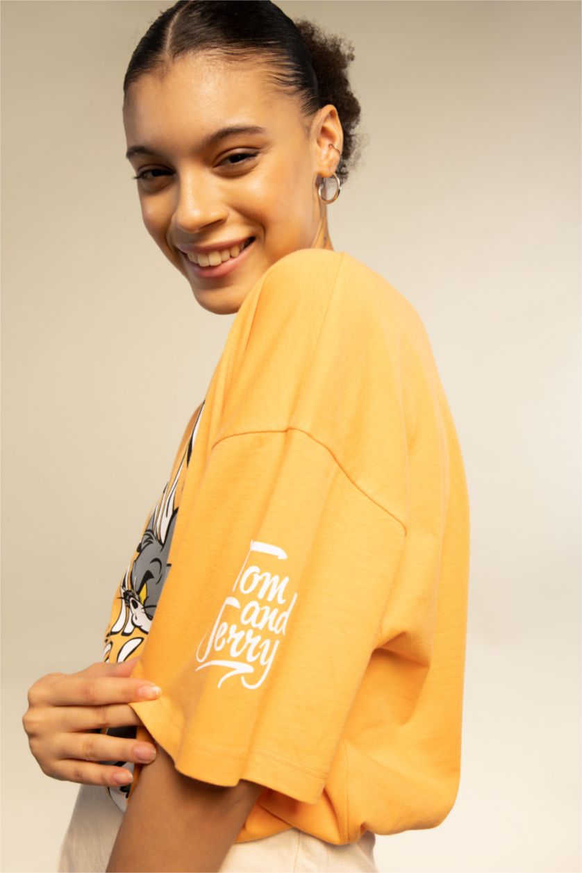 حريمي برتقالي تي شيرت قطن مطبوع اوفر سايز من توم وجيري