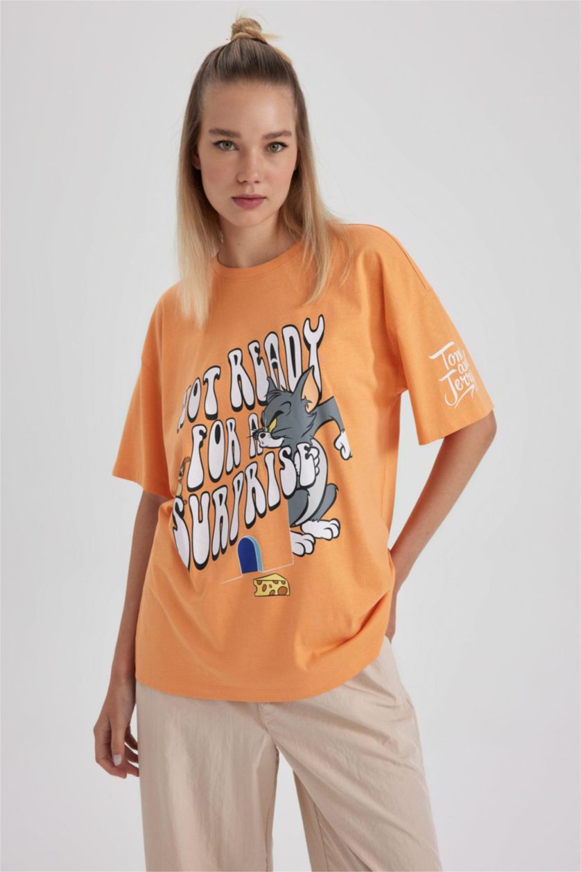 حريمي برتقالي تي شيرت قطن مطبوع اوفر سايز من توم وجيري