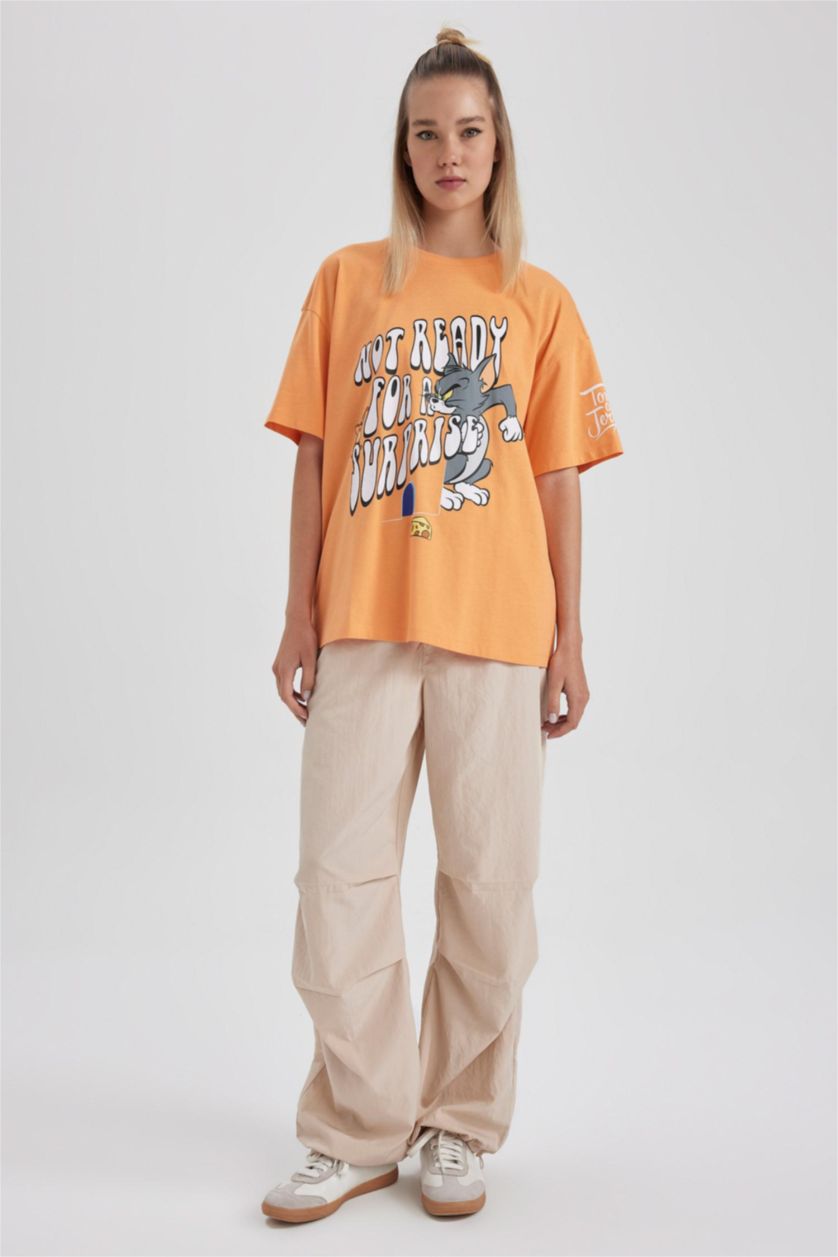 حريمي برتقالي تي شيرت قطن مطبوع اوفر سايز من توم وجيري