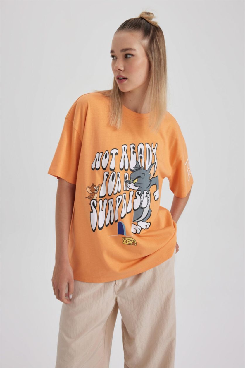 حريمي برتقالي تي شيرت قطن مطبوع اوفر سايز من توم وجيري