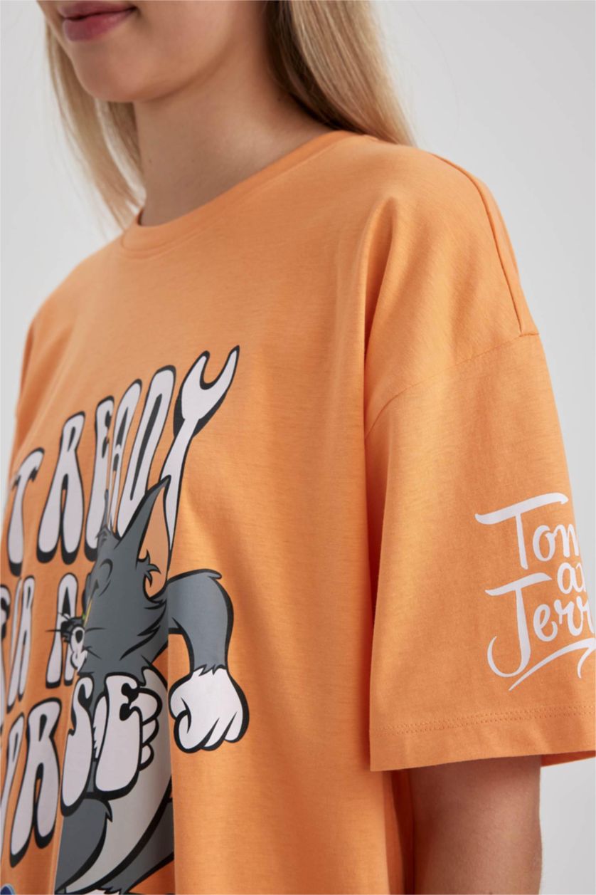 حريمي برتقالي تي شيرت قطن مطبوع اوفر سايز من توم وجيري