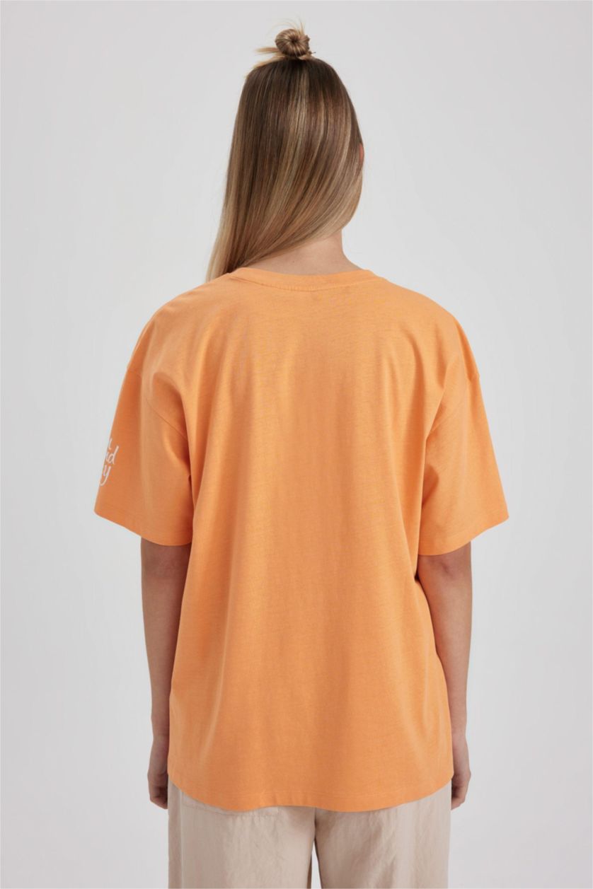 حريمي برتقالي تي شيرت قطن مطبوع اوفر سايز من توم وجيري