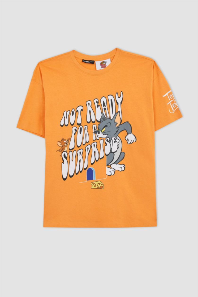 حريمي برتقالي تي شيرت قطن مطبوع اوفر سايز من توم وجيري