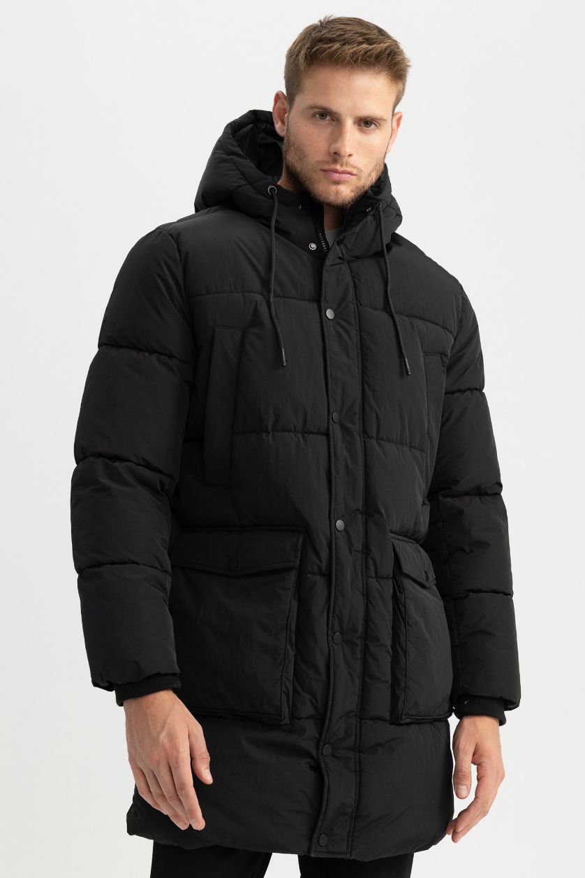 رجالي أسود جاكيت بامب طويل قصة عادية بكابيشون وتر برووف