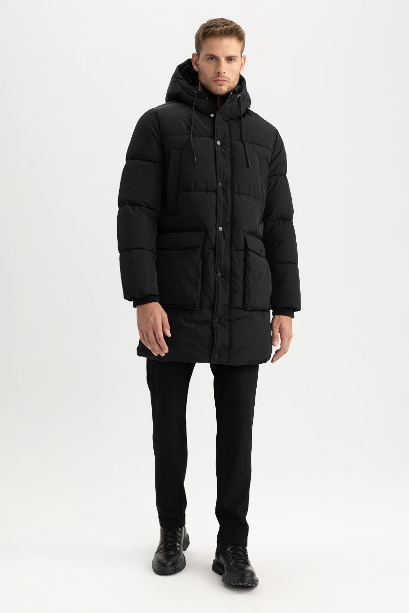 رجالي أسود جاكيت بامب طويل قصة عادية بكابيشون وتر برووف