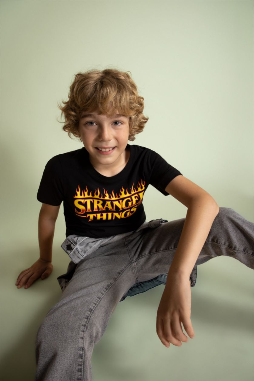 BOYS & TEENS Black Boy Stranger Things Licensed Regular Fit Crew Neck Short Sleeved T-Shirt