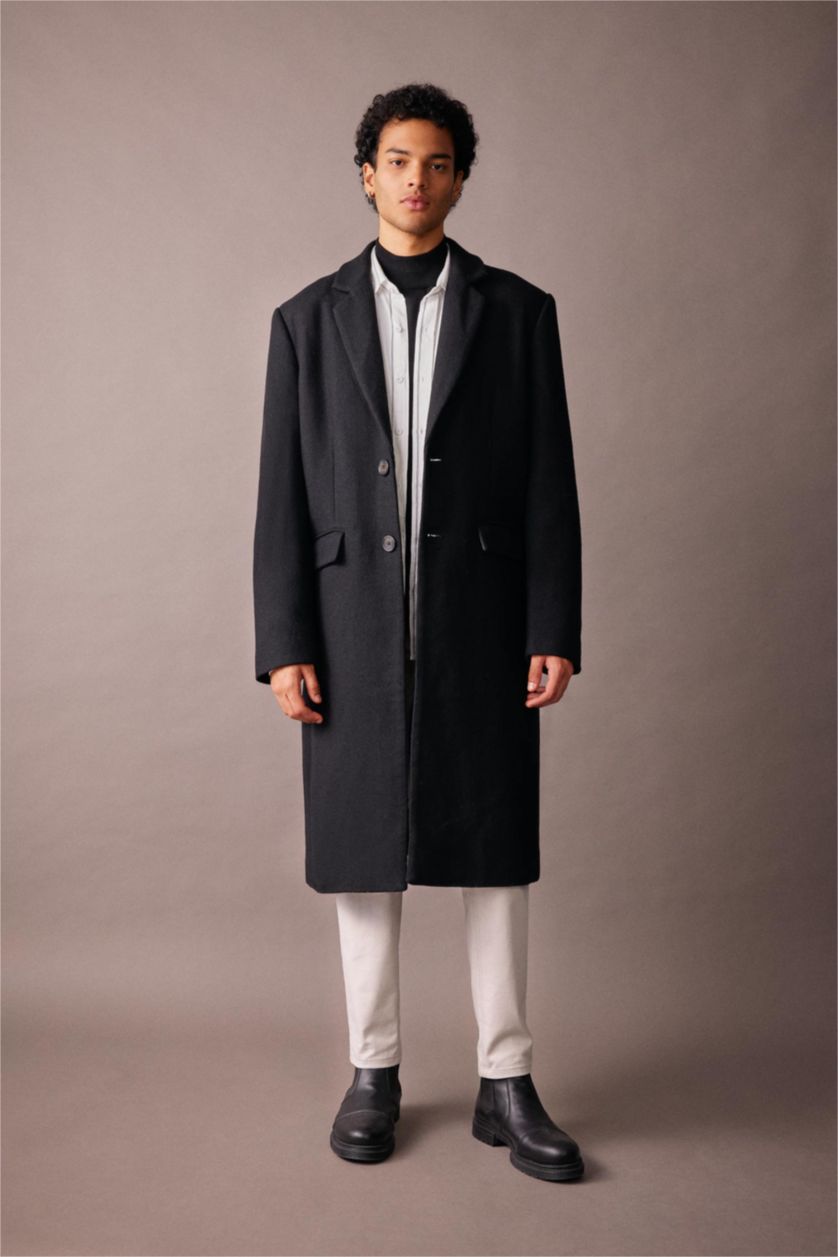 Erkek Siyah Slim Fit Dar Kesim Astarlı Düğmeli Cepli Kaşe Kaban Parka