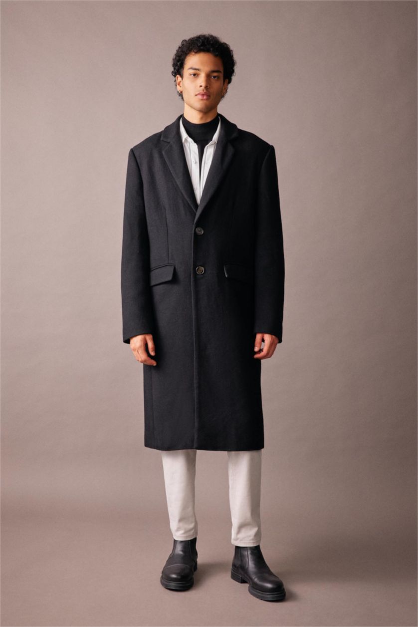 Erkek Siyah Slim Fit Dar Kesim Astarlı Düğmeli Cepli Kaşe Kaban Parka