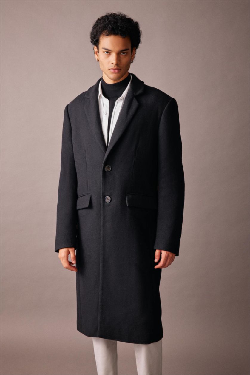 Erkek Siyah Slim Fit Dar Kesim Astarlı Düğmeli Cepli Kaşe Kaban Parka