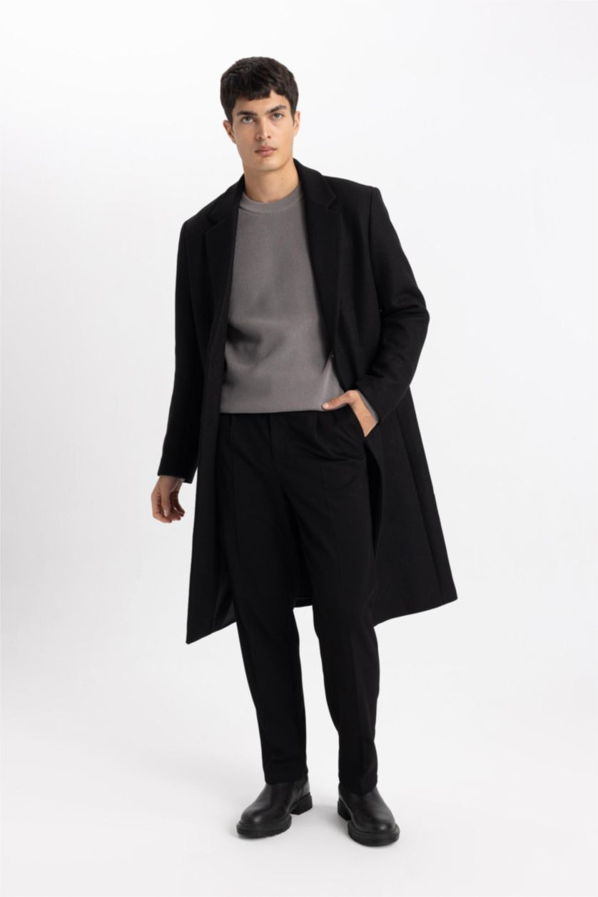 Erkek Siyah Slim Fit Dar Kesim Astarlı Düğmeli Cepli Kaşe Kaban Parka