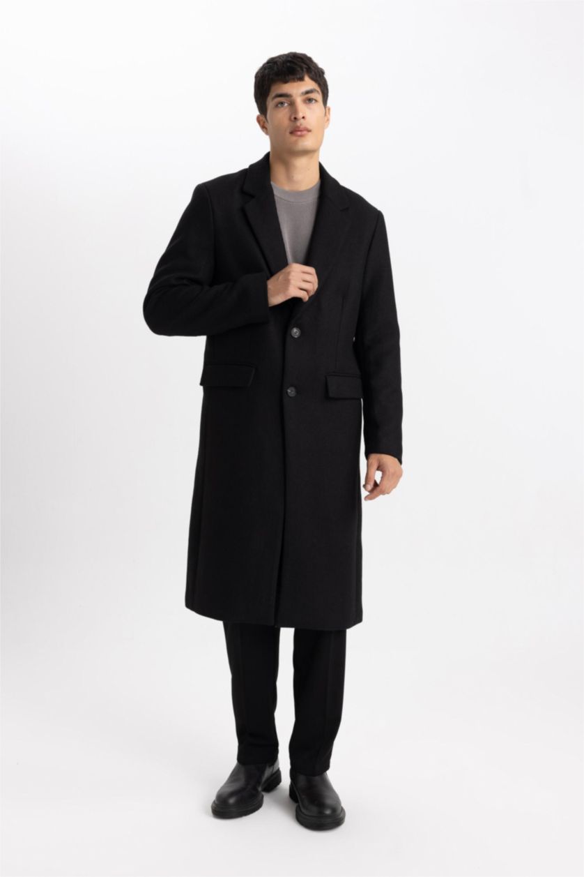 Erkek Siyah Slim Fit Dar Kesim Astarlı Düğmeli Cepli Kaşe Kaban Parka