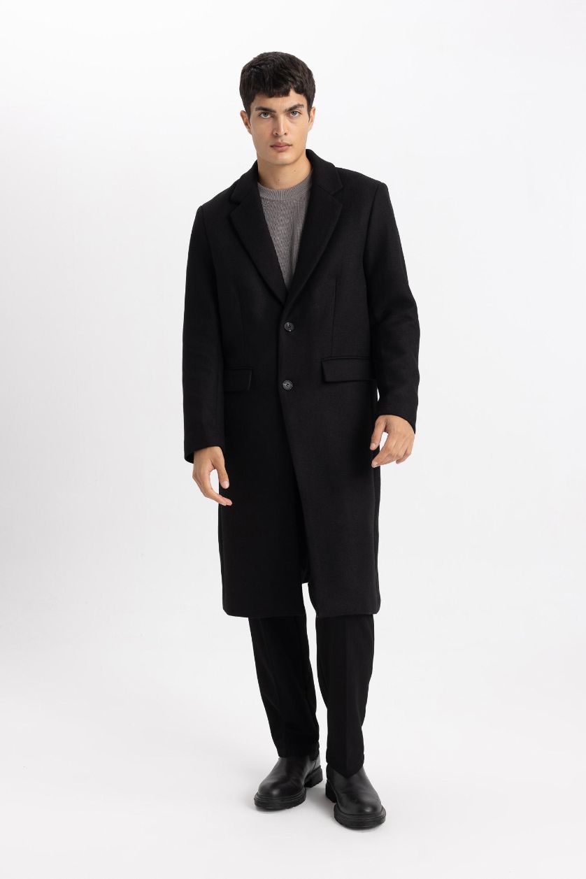 Erkek Siyah Slim Fit Dar Kesim Astarlı Düğmeli Cepli Kaşe Kaban Parka