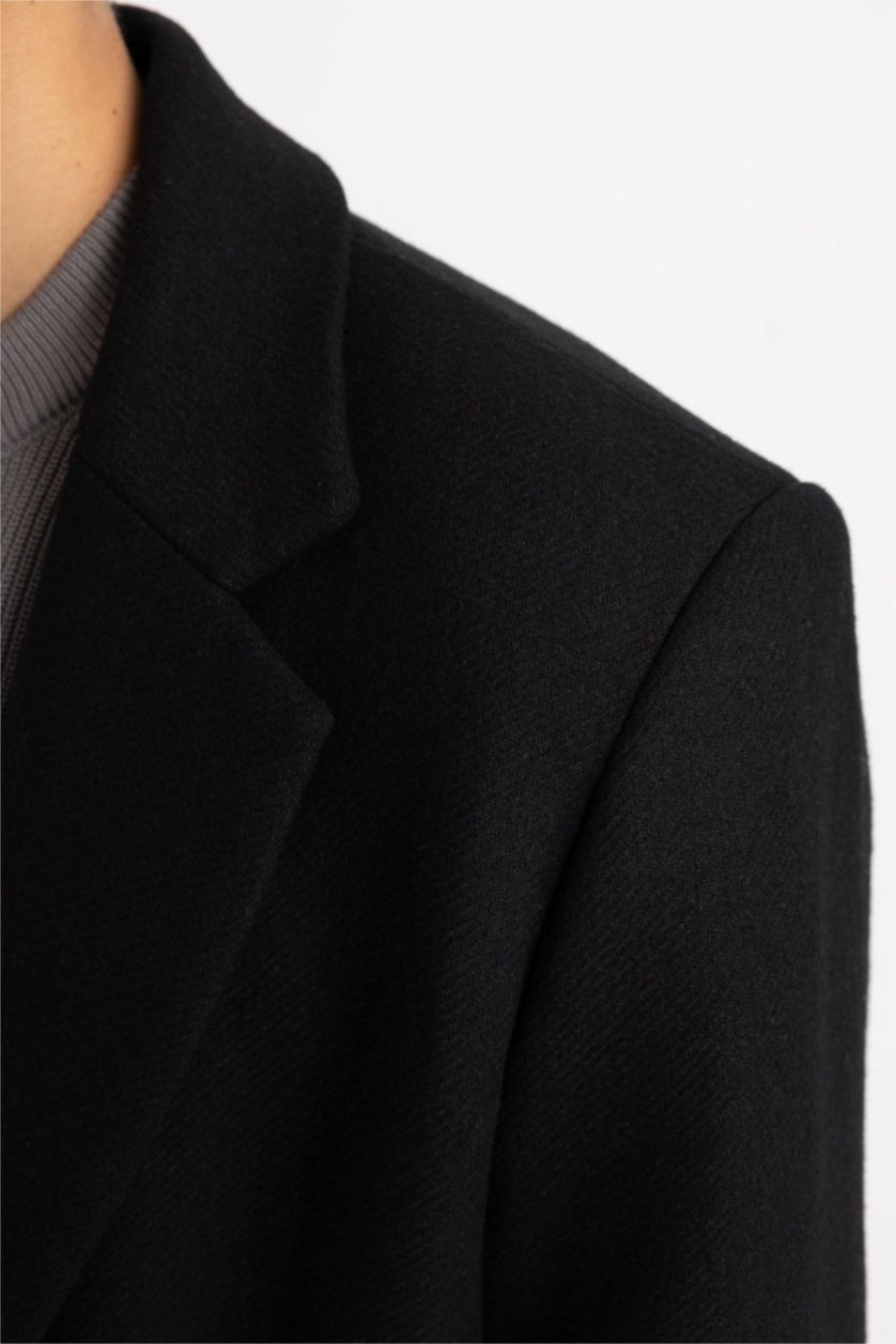 Erkek Siyah Slim Fit Dar Kesim Astarlı Düğmeli Cepli Kaşe Kaban Parka