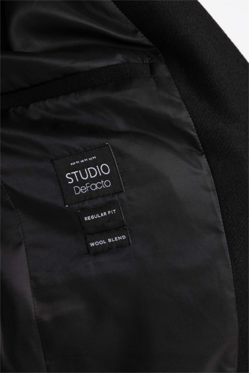 Erkek Siyah Slim Fit Dar Kesim Astarlı Düğmeli Cepli Kaşe Kaban Parka