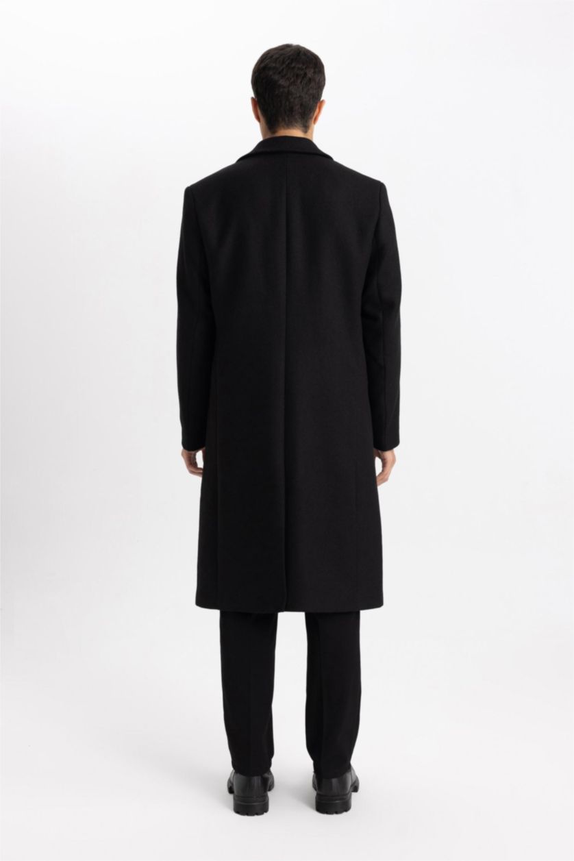 Erkek Siyah Slim Fit Dar Kesim Astarlı Düğmeli Cepli Kaşe Kaban Parka