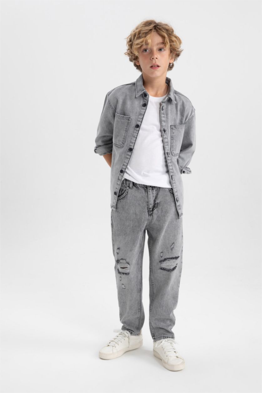 أولادي رمادي فاتح بنطلون اولادي بالون فيت جينز ممزق