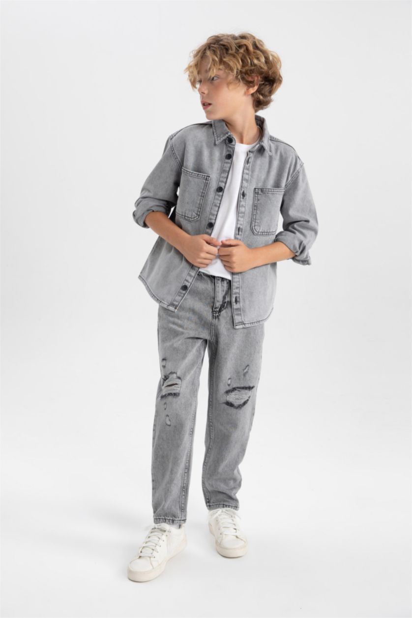 أولادي رمادي فاتح بنطلون اولادي بالون فيت جينز ممزق