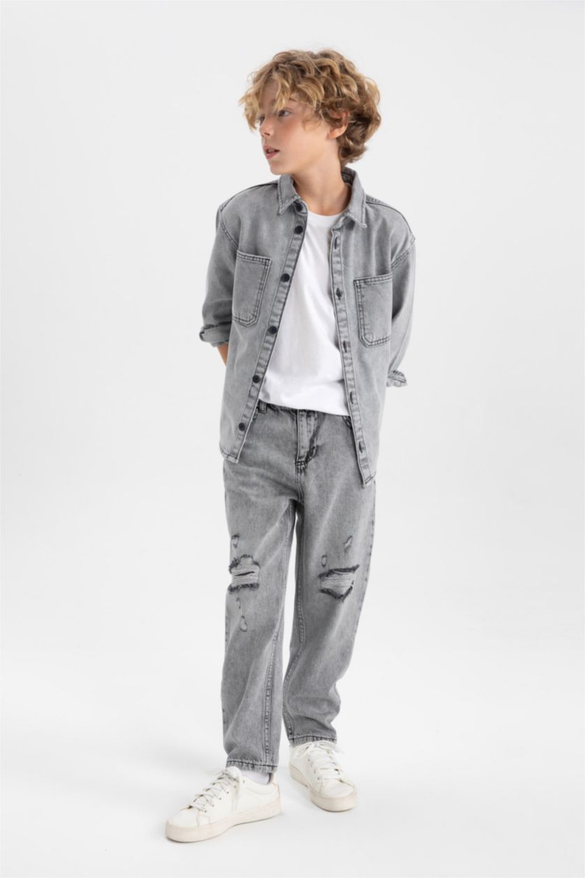 أولادي رمادي فاتح بنطلون اولادي بالون فيت جينز ممزق