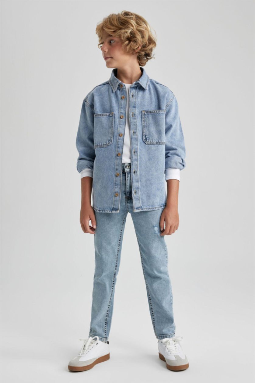 أولاد أزرق فاتح قميص جينز اولادي اوفر سايز بياقة بولو