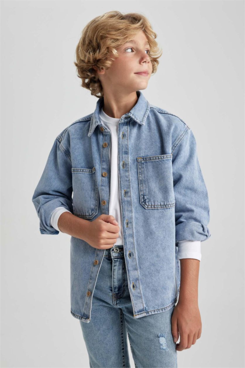 أولاد أزرق فاتح قميص جينز اولادي اوفر سايز بياقة بولو