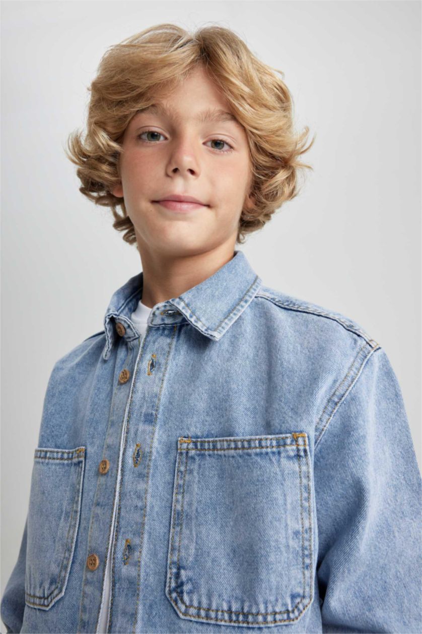 أولاد أزرق فاتح قميص جينز اولادي اوفر سايز بياقة بولو