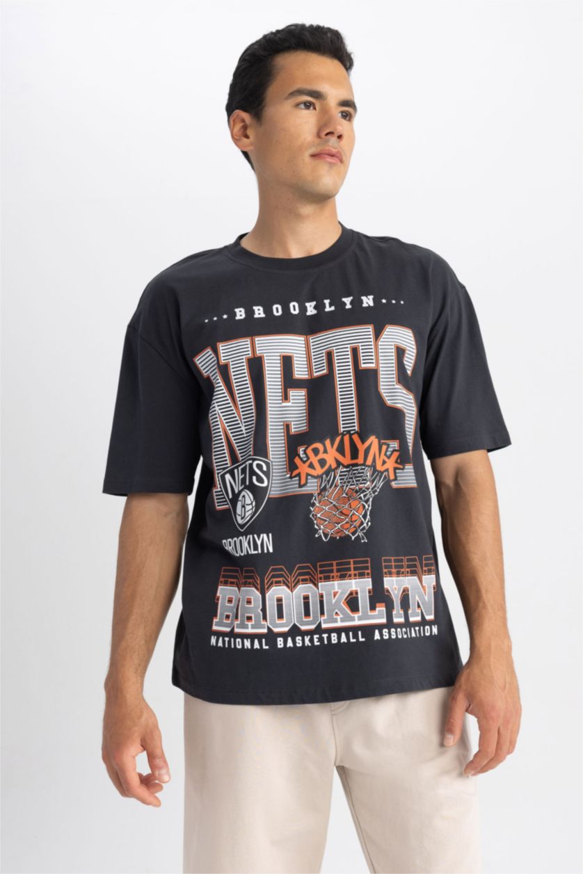 HOMME Anthracite T shirt Coupe Oversize NBA Imprimé Col rond Brooklyn Nets