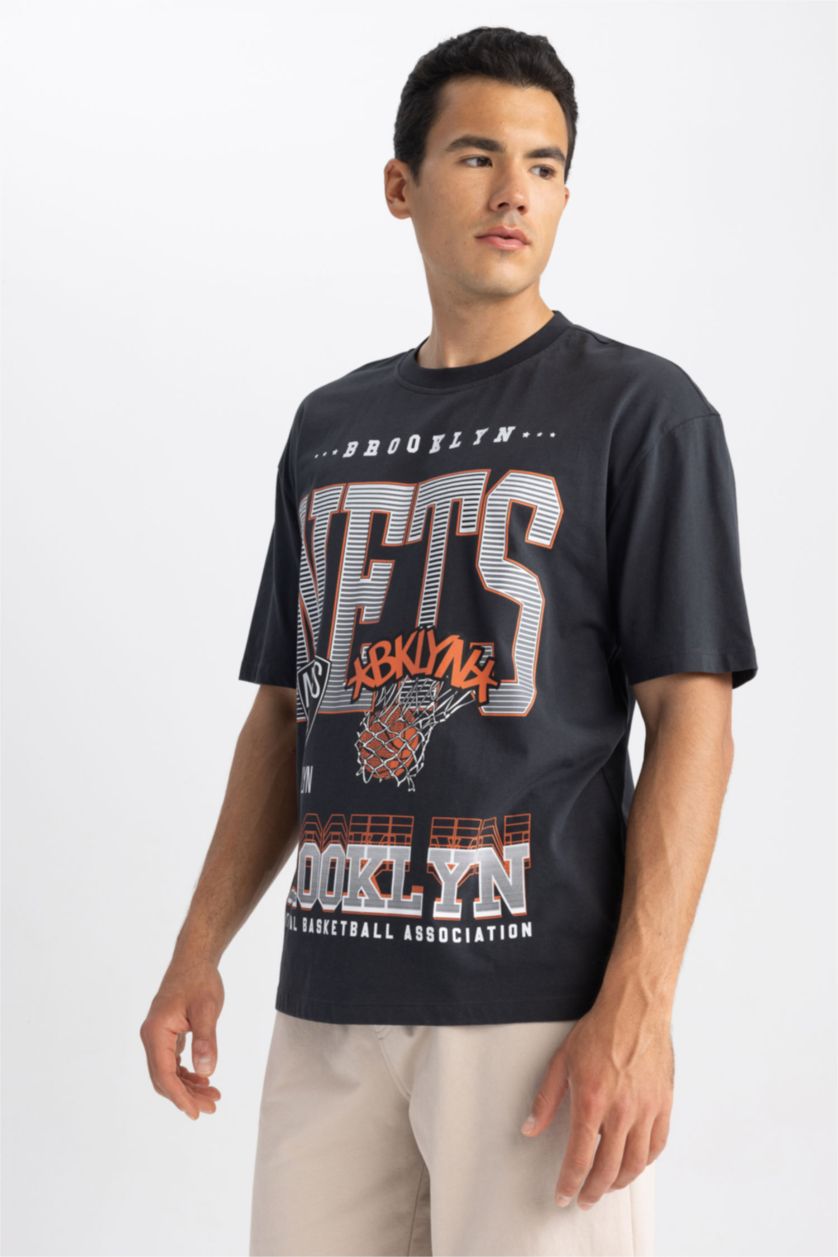 HOMME Anthracite T shirt Coupe Oversize NBA Imprimé Col rond Brooklyn Nets