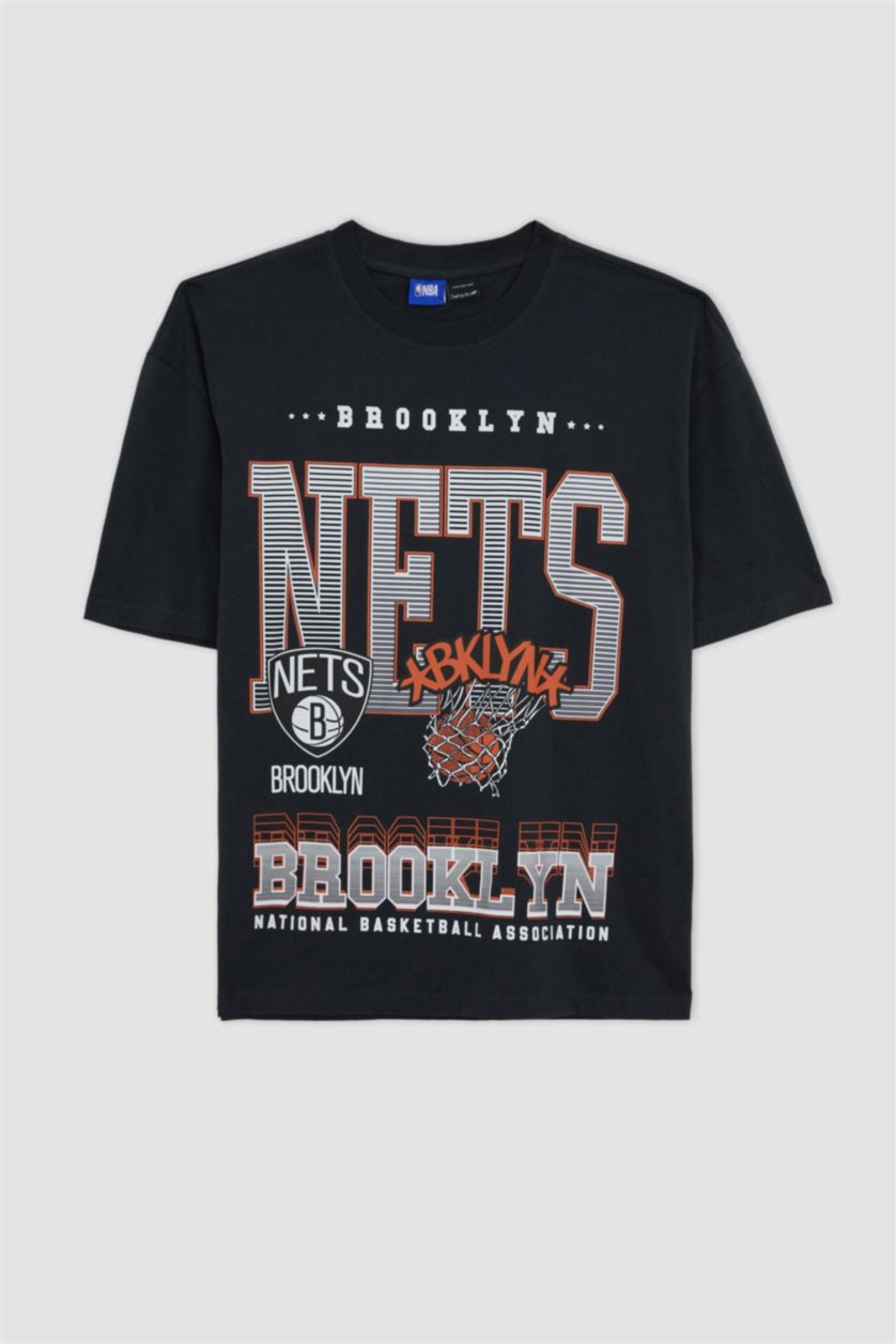 HOMME Anthracite T shirt Coupe Oversize NBA Imprimé Col rond Brooklyn Nets