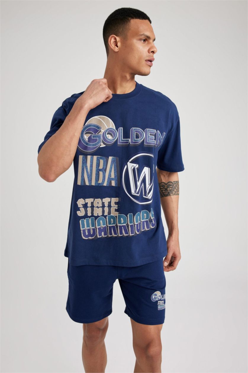 Man NAVY Defacto Fit NBA Golden State Warriors Licensed Oversize Crew Neck T-Shirt