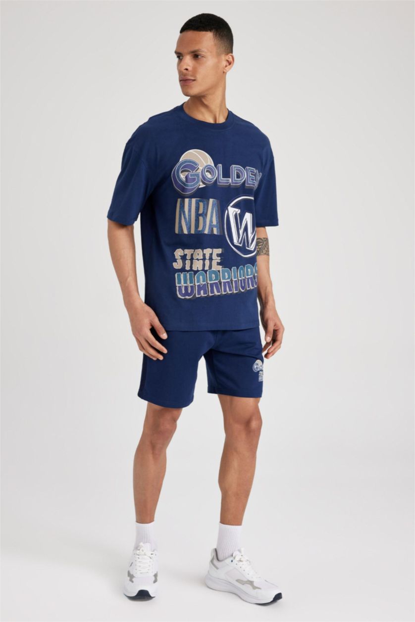 Man NAVY Defacto Fit NBA Golden State Warriors Licensed Oversize Crew Neck T-Shirt