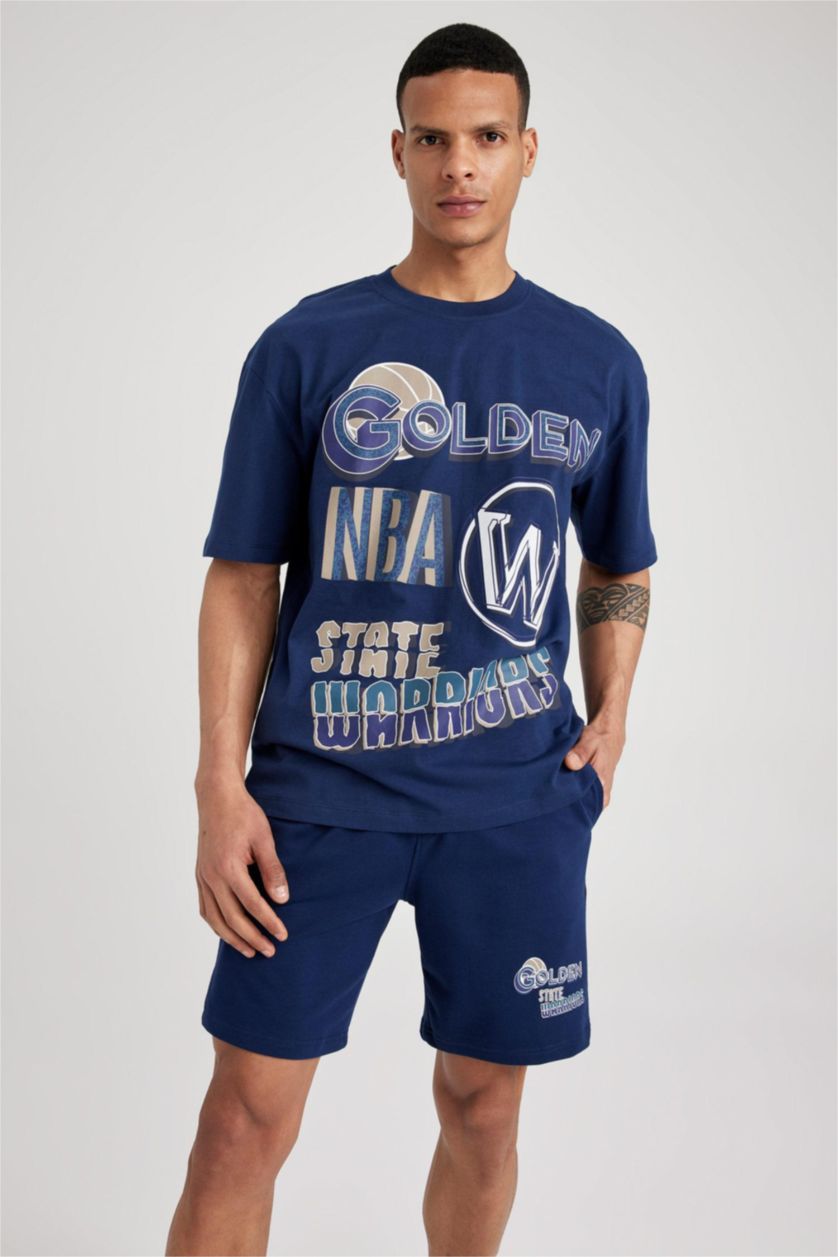 Man NAVY Defacto Fit NBA Golden State Warriors Licensed Oversize Crew Neck T-Shirt