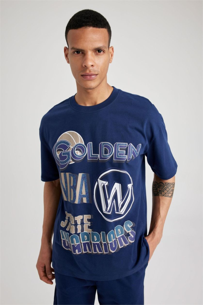 Man NAVY Defacto Fit NBA Golden State Warriors Licensed Oversize Crew Neck T-Shirt