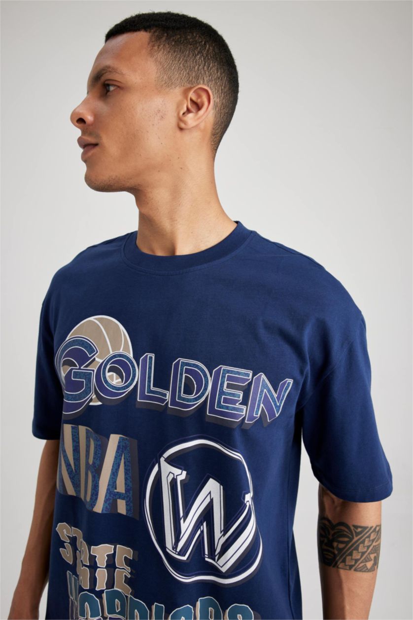 Man NAVY Defacto Fit NBA Golden State Warriors Licensed Oversize Crew Neck T-Shirt
